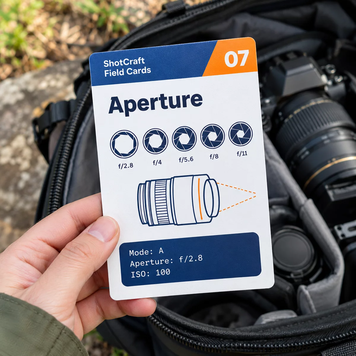 Hand holding an aperture field card with f-stop icons and suggested settings over a camera bag