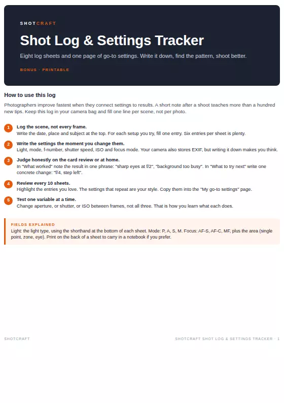 Shot log and settings tracker page explaining how to log each scene, with its settings and review steps