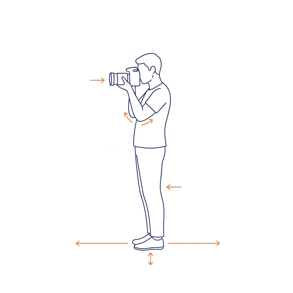 Line drawing of a photographer holding a camera close to the body with a steady stance