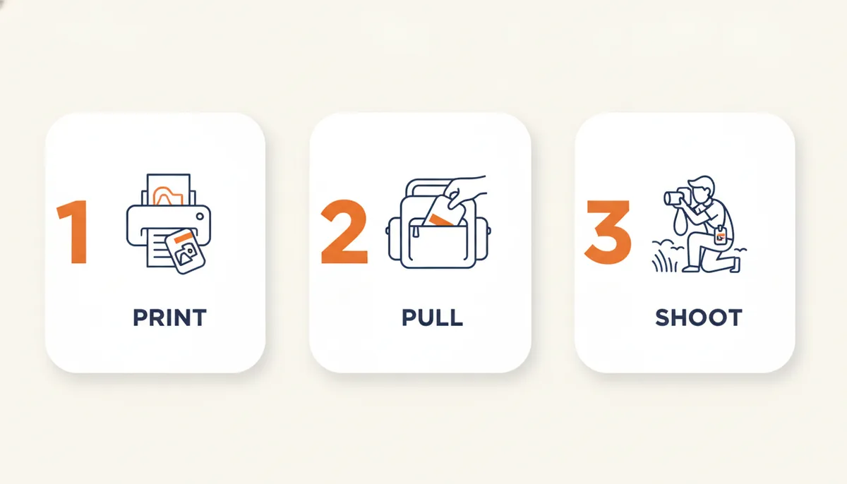 Three steps: print the card, pull it from the camera bag, shoot