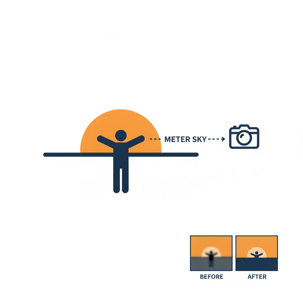 Diagram of a silhouetted figure against the setting sun with the camera metering the sky, before and after