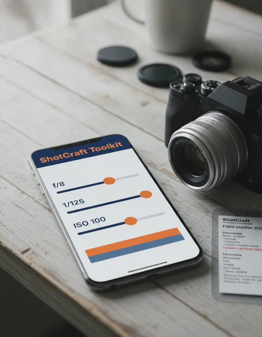 Phone showing aperture, shutter speed and ISO sliders next to a camera on a table
