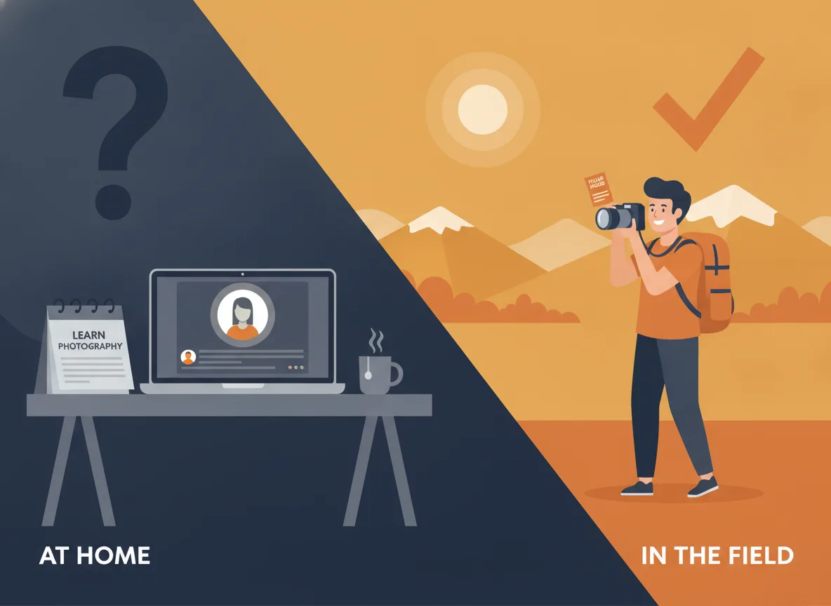 Learning photography at a desk at home compared with shooting in the field with a card in hand