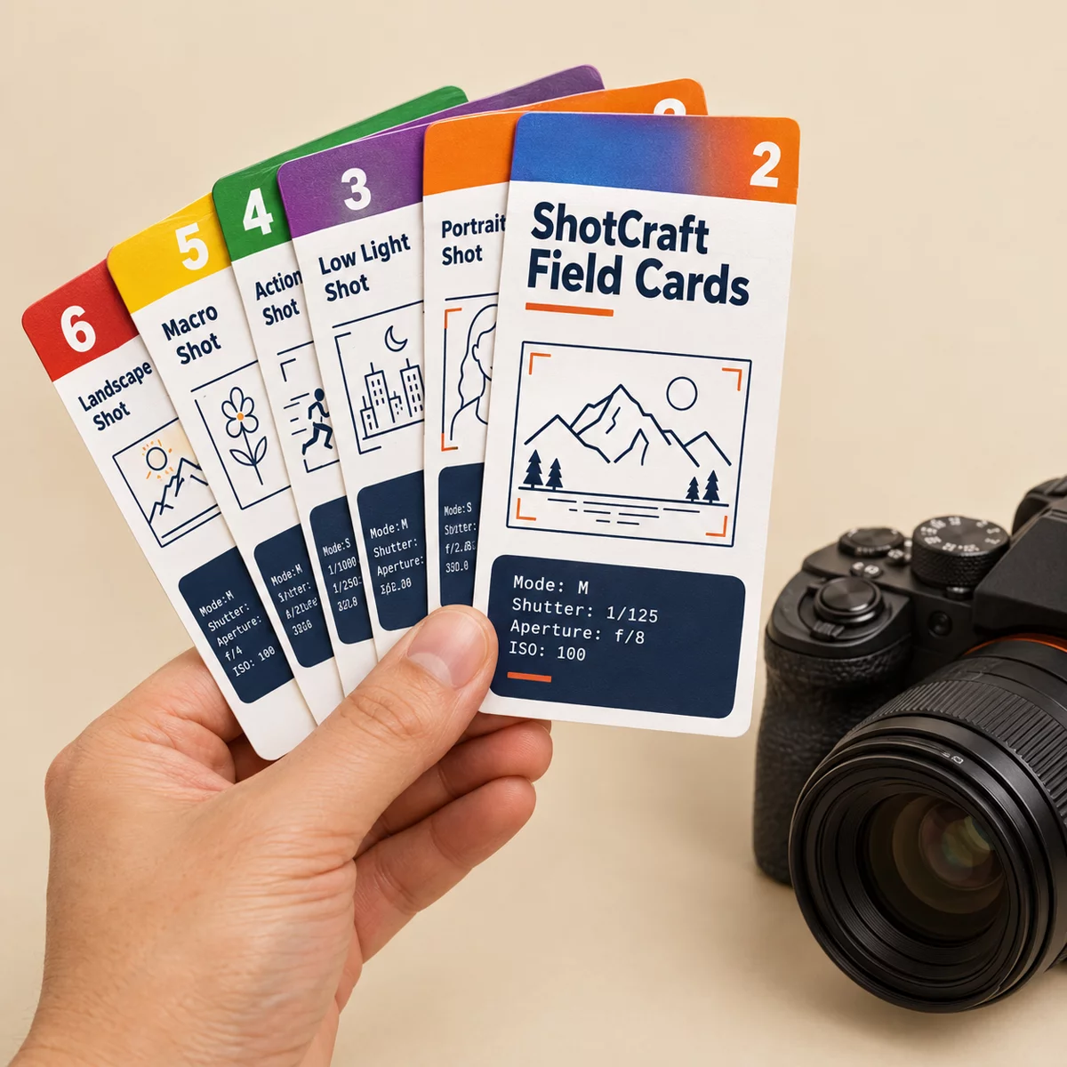 Hand fanning six colour-coded photography field cards next to a mirrorless camera